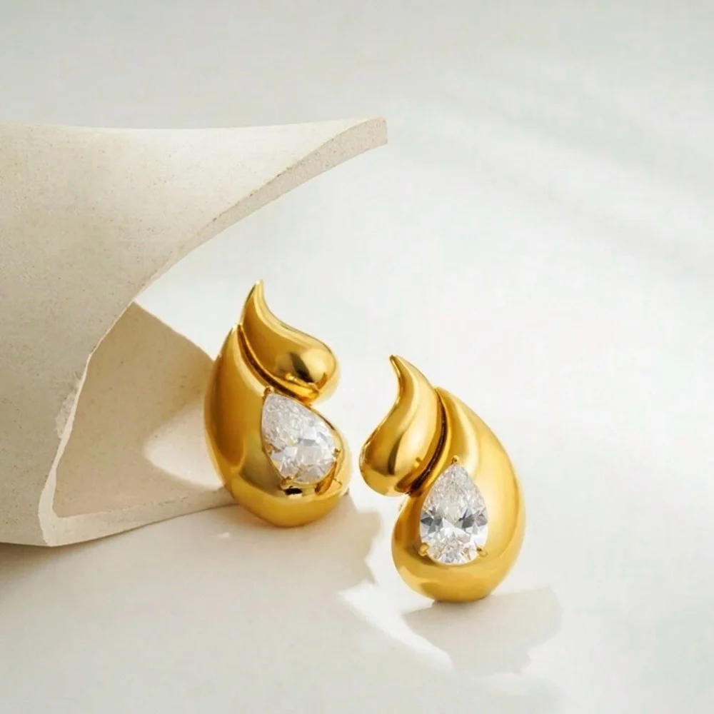 2/$30🌵 Gold Double Flame Teardrop Crystal Stone Earrings Studs Jewelry Gift NEW